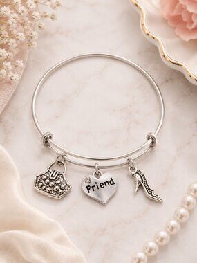 Best Friend Charm Bangle Bracelet Silver Purse Heel Heart Gift